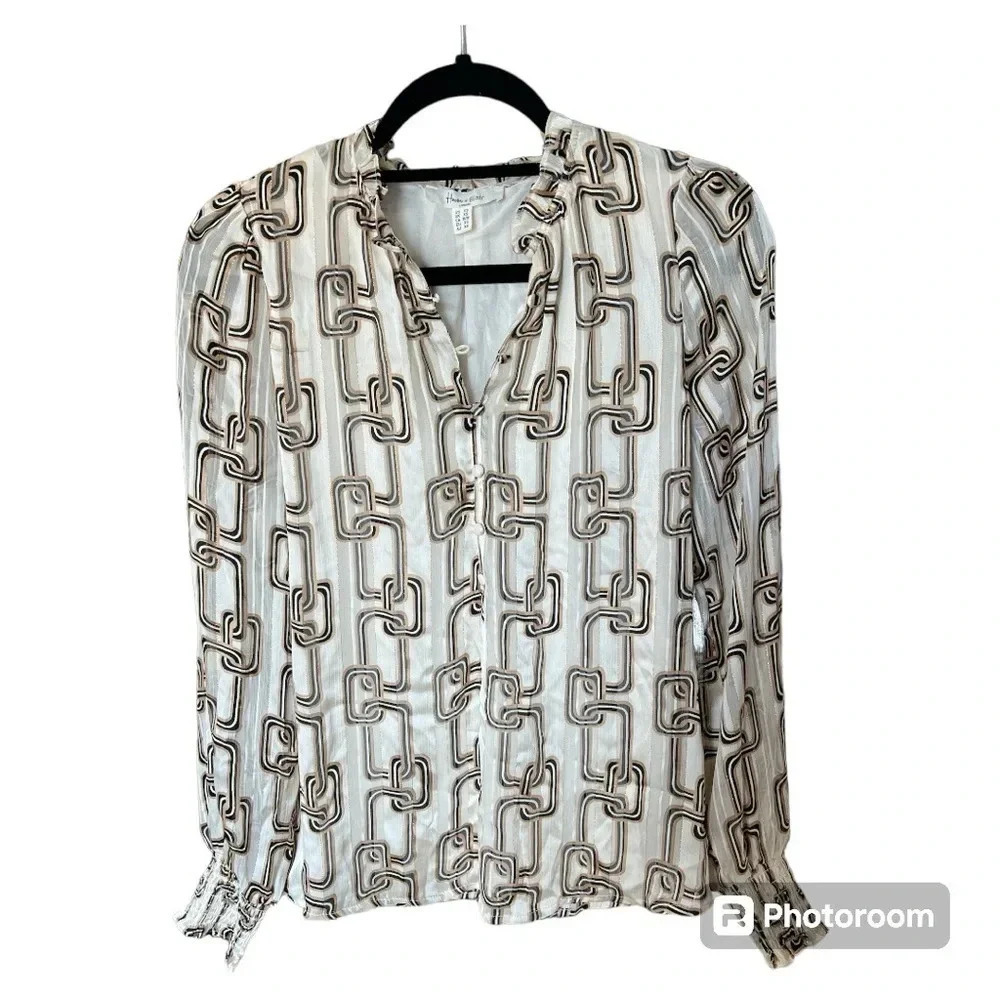 HAVER + BLAIR ivory/beige/black chain blouse size :XS - Picture 3 of 8
